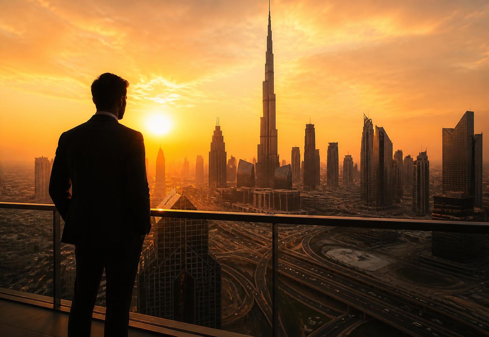 Dubai skyline at sunset with the Burj Khalifa